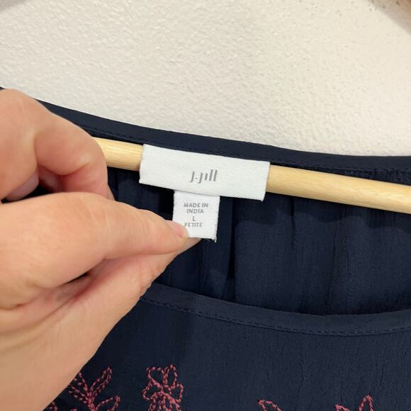 J.Jill Embroidered Floral Blouse L Petite Navy Long Sleeve Boho Artsy Top - Picture 5 of 7